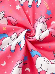 3pcs Set Young Girl Cartoon Print Snug Fit Crew Neck Long Sleeve Top And Pants Pajamas Set