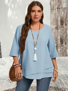 EMERY ROSE Camisas de campo azul claro con bajo asimétrico talla grande ropa de otoño - Celeste - Ver 6