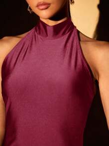 Lumalex 结婚纪念日春节派对季节情人节冬季感恩节服装新年前夜狂欢节正式舞会礼服，音乐会派对宴会高领金属链露背连衣裙套装，晚礼服 - 酒紅色 - 查看 8