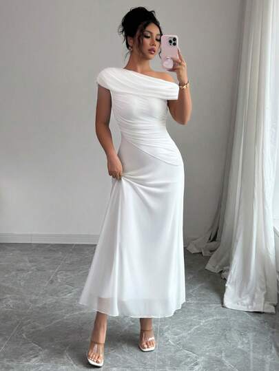 Modelyn Women's Mesh Asymmetric Ruched Hem Elegant French Style Dress