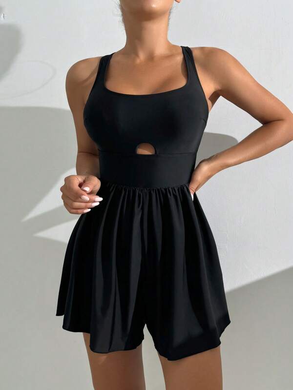 SHEIN Swim Fashionable Solid Color Hollow-Out One-Piece Swimsuit For Women, Summer