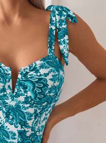 Swim Lushoire 1 buah Baju Renang Terusan Wanita Motif Tumbuhan, Untuk Liburan Musim Panas - Mint Blue - View 4