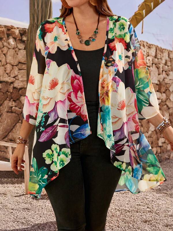 EMERY ROSE Chaqueta de punto tipo cardigan con abertura delantera y estampado floral, de manga 3/4, para uso casual de vacaciones en tallas grandes para mujeres