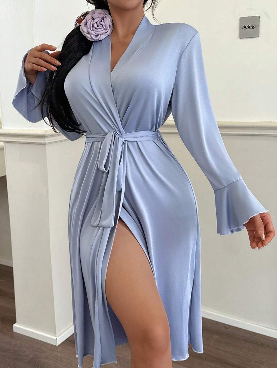 Women's Casual Bell Sleeve Robe, Fall, Cozy Outfit - Medium Wash - View 1
