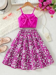 Young Girls 2pcs Set - Solid Bow Camisole Top And Digital Print A-Line Skirt With Elastic Waist, Suitable For Beach, Party, Vacation In Summer