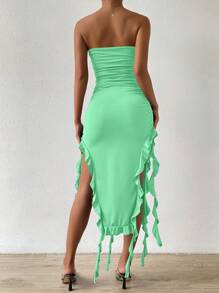 SHEIN Unity 女式纯色筒状抹胸镂空荷叶边下摆紧身连衣裙 - 薄荷綠 - 查看 2