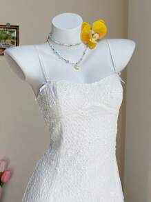Comfortcana Summer White Texture Waist Cinched A-Line Cami Mini Dress - White - View 5