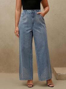 Anewsta Jeans droits amples simples avec ornements de strass, grande taille femme - Bleu azur - Voir 1