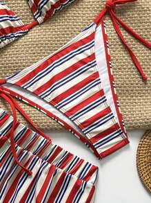 SHEIN Swim 3pcs Women Sexy 4th Of July Beachwear New Ladies Triangle Striped Print Top & Tie Side Bottom & Boyshorts High Elastic Tight Sexy Simple Bikini Set