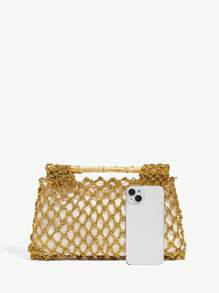 SHEIN SXY 女士手提包，编织包，钩针编织，金色，时尚，优雅，简约，个性化，多功能，木质手柄，适合海滩，度假，节日，夏季