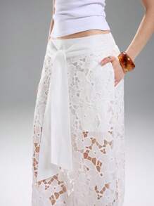 LYSMO Women's Solid Color Tie Knot Pocket Lace Patchwork Elegant Pants - White - View 10