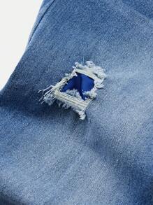 SHEIN Teen Boy Y2K Fashion Casual Blue Denim Cut Out Ripped Frayed Blue Patchwork Stretch Skinny Teen Boy Jeans For Boy Soft Dailywear And The Four Seasonsr Teen Boy Summer Clothes - Light Wash - View 3