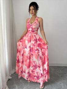 Elenzga Women Floral Print Halter Backless Dress - Multicolor - View 3