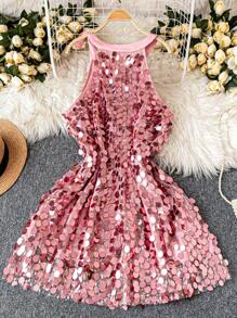 Rometta 加大码无袖露背夏季亮片装饰中长款派对连衣裙，时尚设计 - 粉色 - 查看 2