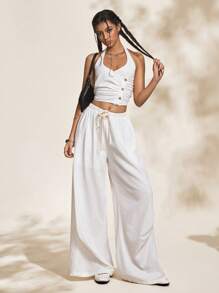 Easelle Women's Casual Vacation White Linen V-Neck Side Ruffle Loose Harem Pants Set - White - View 1