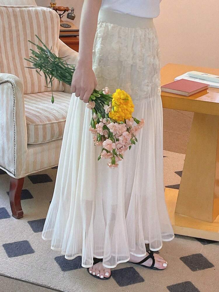 3D Floral Decor Elastic Waist Pleated Chiffon A-Line Skirt, Casual For Women