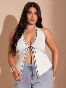 SHEIN BAE Plus Size Women's Contrast Color Front Tie Halter Neck Knit Top,Black And White,Summer,Elegant,Girlism,Night Valentines Vacation Boho Crop Tops - White - View 9