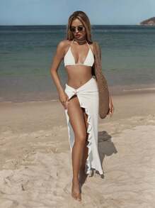 Swim Chiccia Women's Summer Beach Swimsuit Solid Color Stand Collar Cape Style Dress, High Slit Skirt With Metal Starfish Decor Cover Up White - White - View 3