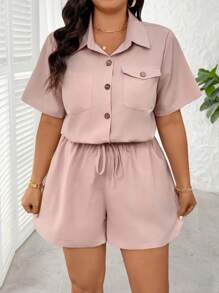 SHEIN LUNE Plus Size Solid Color Short Sleeve Jumpsuit, Casual Summer - Dusty Pink - View 5