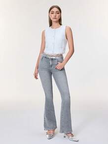 Selenza Women's Y2k High Waist Geo Embroidered Studded Detail Flare Leg Elegant Jeans With 4 Pocket ,Butt Lifting Jeans Women - Light Grey - View 7