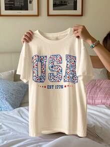 Oversized T-Shirt, Independence Day July 4th Top, Watercolor American Flag Shirts, Comfortable Color USA Tee, Patriotic Shirts, July 4th T-Shirt - Apricot - View 3