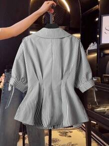 Franclia Elegant Short Sleeve Blouse, Striped Shirt, Fitted Waist Puff Sleeve Top, Suitable For Women - Black - View 2
