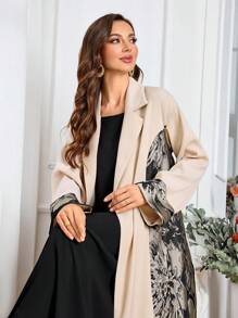 Al Najma 优雅的色块长款阿巴亚开衫，秋季，休闲阿巴亚长袍，适合晚会/日常休闲，朴素的长袍 - 卡其色 - 查看 5