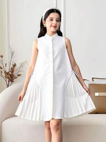SHEIN White Tween Girl Casual Elegant Commuting Pleated Patchwork Skirt Shirt-Style Peter Pan Collar Button Front Dress With Contrast Trim & Bow Decor - White - View 4