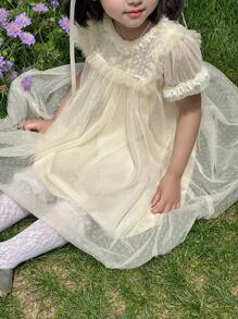 DAZY Girls Lace Trim Short Sleeve Mesh Summer Dress, Toddler Size