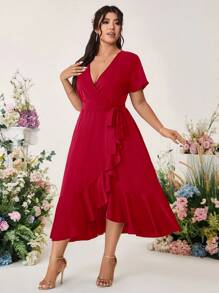 Cravure Plus Size Women Solid Color Ruffle Hem Short Sleeve Casual Fashionable Dress - Burgundy - View 3