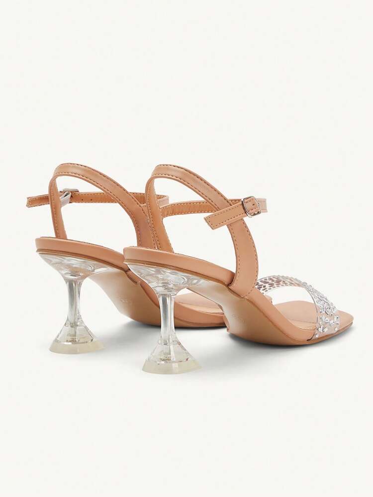 CUCCOO CHICEST Women's Pointed Toe Ankle Strap Glass Crystal Embellished Apricot High Heel Sandals, Transparent Party Dress Heeled Shoes