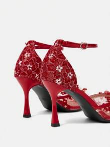 CUCCOO HITCHD Women's Pointed Toe High Heel Shoes, Red Rhinestone Floral Lace Mesh Wedding Party Pumps - Red - View 14