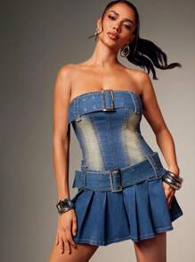 Denimoi Belted Fit And Flare Denim Mini Dress