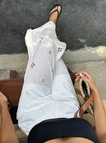 Breezaya 女士度假松紧腰花卉刺绣宽松阔腿裤 - 白色 - 查看 7