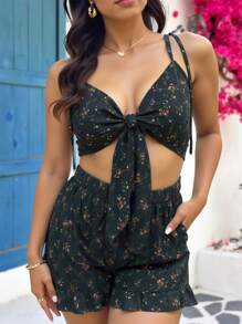 SHEIN Clasi Plus Size Women's Bowknot Decor Hem Ruffle Hem Loose Jumpsuit, Vacation Style, Slimming Elegant