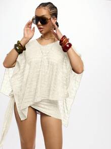 SUMWON WOMEN V Neck Off Shoulder Slouchy Knit Cover Up Ladder Stitching Resort Beach Pool Swimsuit Cover Up Swim Poncho Resort Top Outdoor Summer Beachwear - Cream - View 5