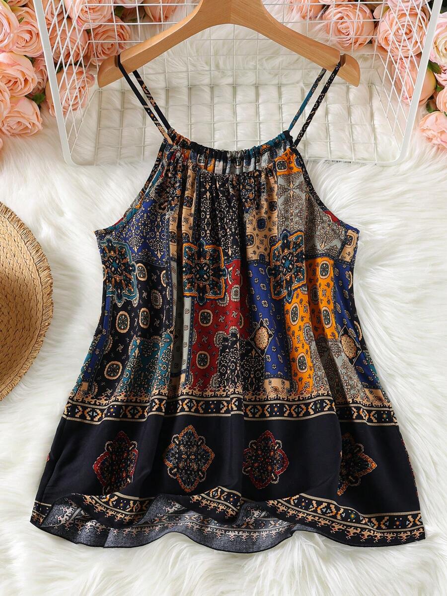 SHEIN LUNE Donna taglie forti Estate Boho Festa della Mamma Abbigliamento donna Stampa vintage Bretelle e top donna Estate Indumenti Rinascimentali Top