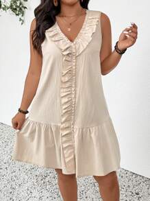 SHEIN Frenchy Plus Size V Neck Sleeveless Ruffle Hem Apricot Color Dress, Fashionable Casual Outfit For Big Size Women,Summer Outfits For Women - Apricot - View 4