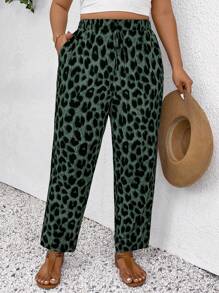 SHEIN Frenchy Quần dài thường ngày họa tiết da báo cỡ lớn, Quần mùa hè, Quần đi nghỉ, Đồ đi biển cho nữ, Phong cách Boho/Bohemian, Quần áo mùa hè cho nữ, Thường ngày, Thời trang hàng ngày - màu xanh lá - Xem 2