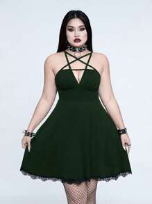 Whyspr 大码春夏深色性感修身休闲百搭大胆前卫领星十字系高腰修身蕾丝拼布下摆日常连衣裙，万圣节 - 墨綠色 - 查看 1