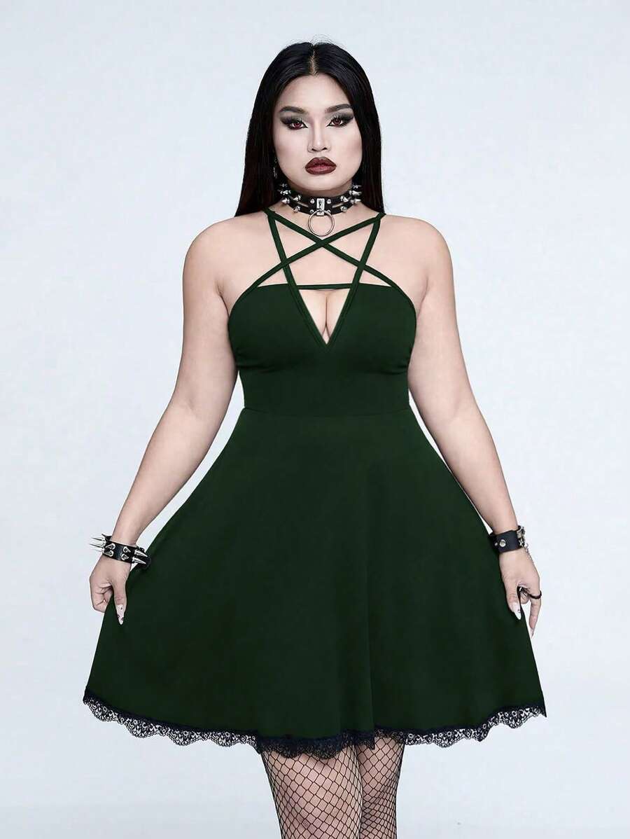 Whyspr 大码春夏深色性感修身休闲百搭大胆前卫领星十字系高腰修身蕾丝拼布下摆日常连衣裙，万圣节 - 墨綠色 - 查看 1