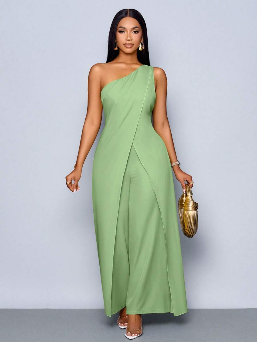 SOLERSUN Mono con abertura y pierna ancha sin mangas de un solo hombro de moda para mujer, para primavera y verano - verde menta - Ver 1