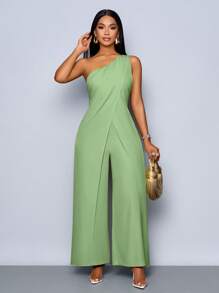 SOLERSUN Mono con abertura y pierna ancha sin mangas de un solo hombro de moda para mujer, para primavera y verano - verde menta - Ver 4