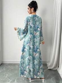 Yasmyna Women's Elegant Butterfly Print Splicing Ribbon Flare Sleeve Dress, Modest - Multicolor - View 5