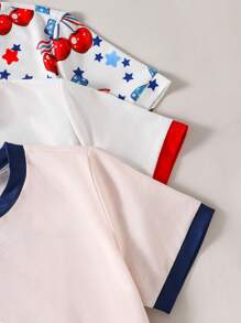 3pcs Tween Girls' Summer Bow Print Round Neck Short Sleeve Casual T-Shirt - Multicolor - View 3