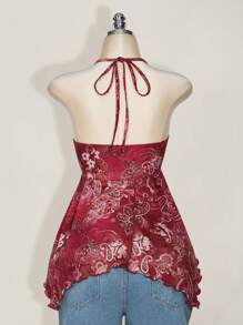 SHEIN ICON Blusa para mujer talla grande estilo retro con estampado, escote en V y espalda descubierta, ideal para vacaciones y salidas casuales, estilo boho hippie Y2K - Burdeos - Ver 2