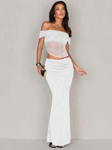 Glamine Bộ 2 món/bộ áo lưới hở vai thanh lịch gợi cảm cho nữ và chân váy dệt kim đuôi cá, mùa hè - trắng - Xem 1