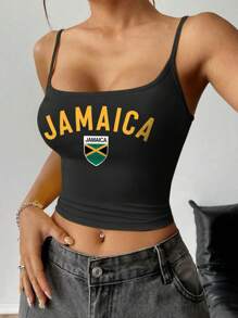 SHEIN EZwear Sexy Sports Style Jamaica Flag Football Printed Women Sleeveless Casual Tight Tank Top, Suitable For Summer And Sports Seasons