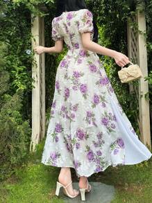 Feyla Abito elegante e romantico da tè con vita segnata, balze multicamero e fiocco - Multicolore - Visualizzare 6