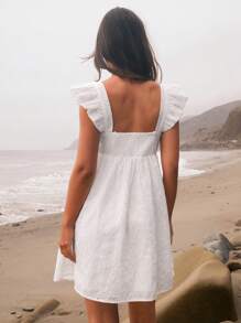 WESTFADE Eyelet Embroidery Square Neck Flutter Sleeve Smocked Back Mini Babydoll Dress Country Western Nashville Cowgirl Rodeo Outfit - White - View 5